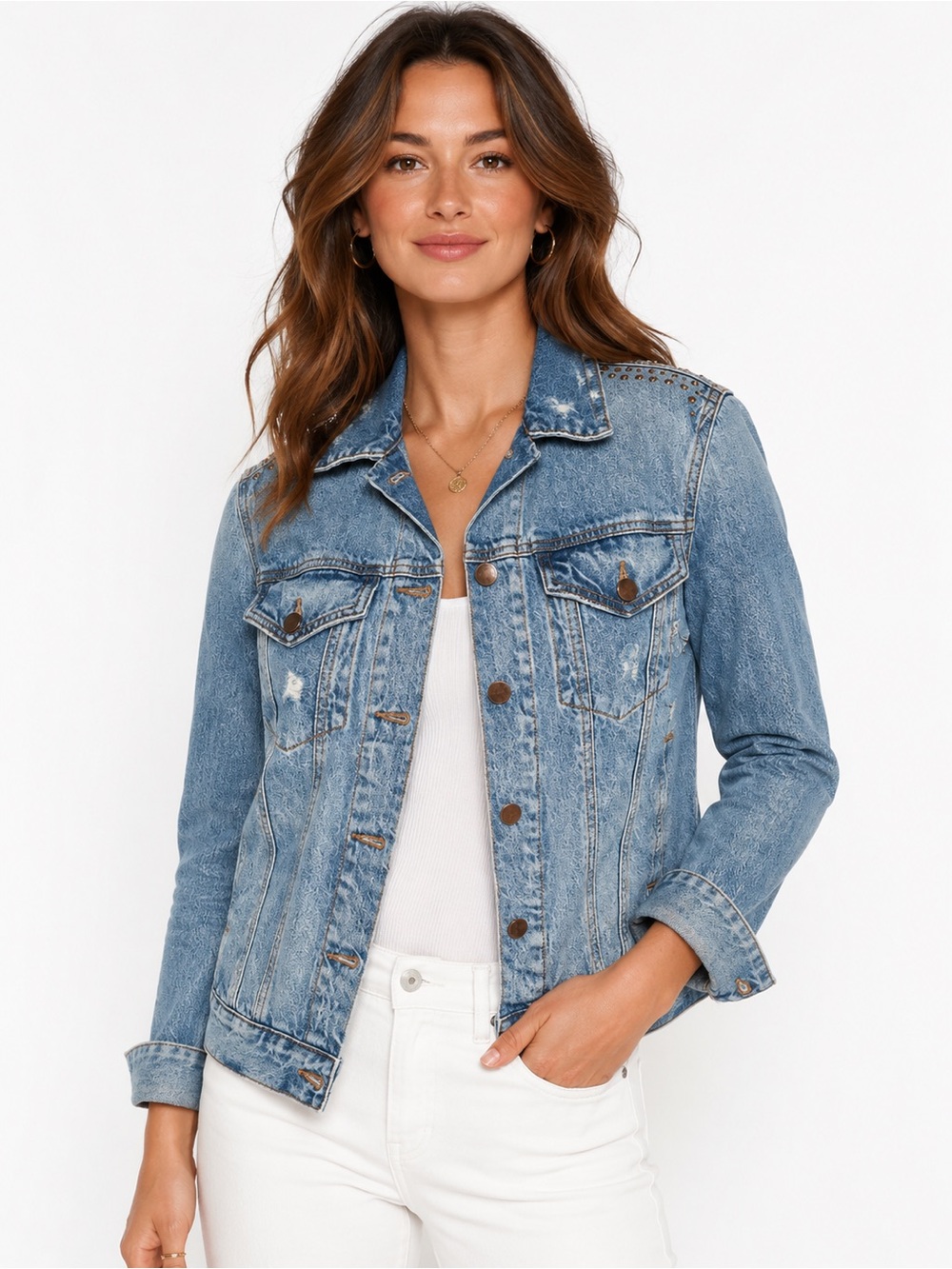 Victoria's Secret Distressed Studded Denim Jacket Trucker Medium Wash Women's M